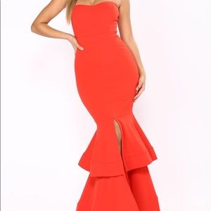 Red Strapless Floor- Length Dress